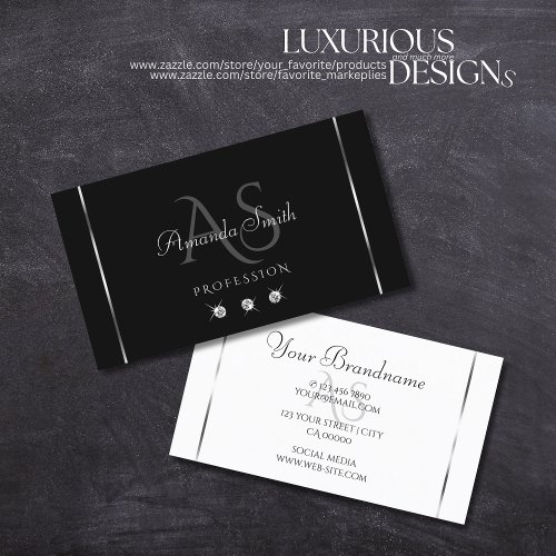 Elegant Black and White Diamonds Gray Initials Business Card