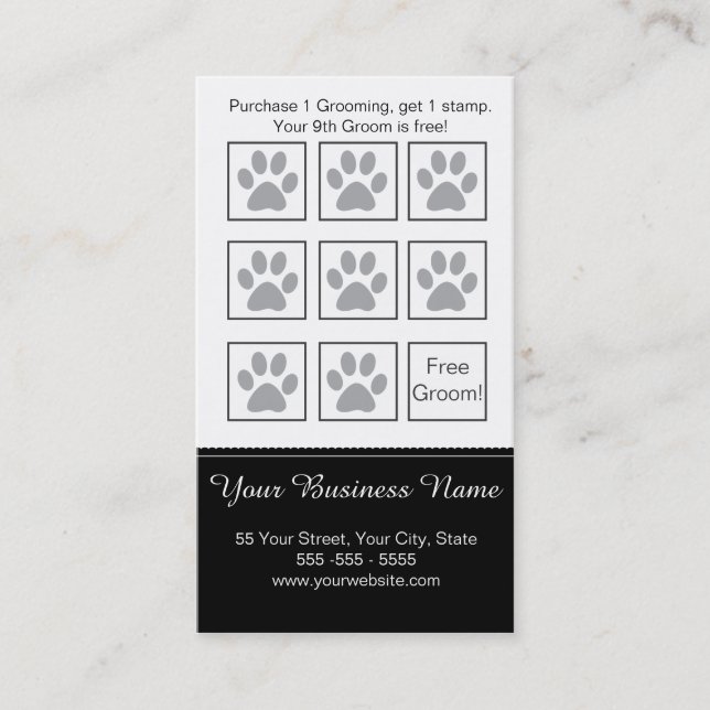 Elegant Black and White Dog Grooming Loyalty Card (Front)
