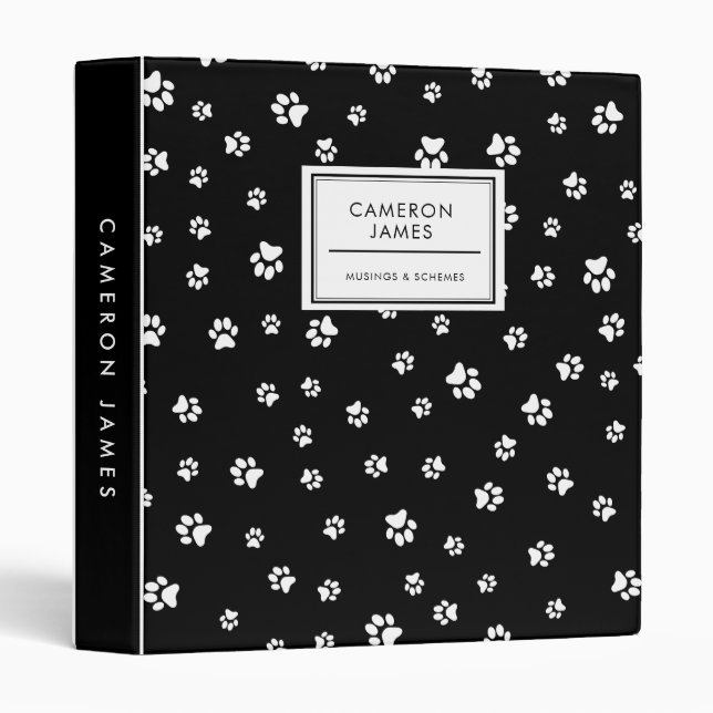 Elegant Black and White Dog Paw Prints Pattern 3 Ring Binder (Front/Spine)
