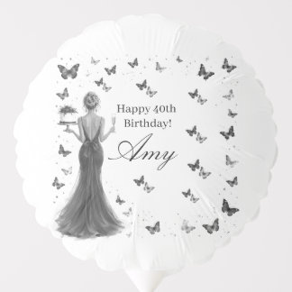 Elegant black and white dress butterflies 40th balloon