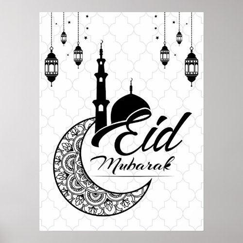 Elegant Black and White Eid Mubarak Greetings Poster