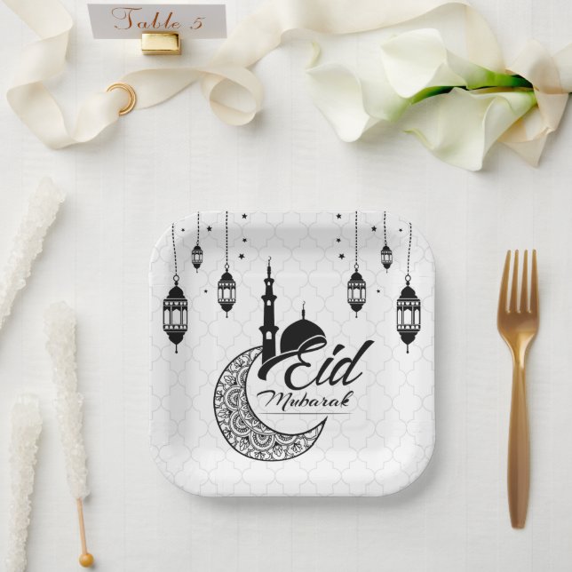 Elegant Black and White Eid Mubarak Paper Plates (Wedding)