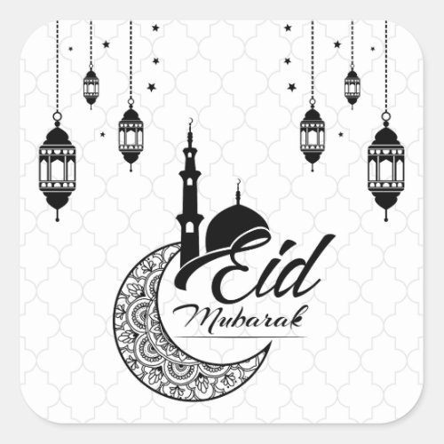 Elegant Black and White Eid Mubarak Square Sticker