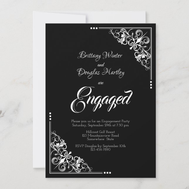 Elegant Black and White Engagement Party Invitation (Front)