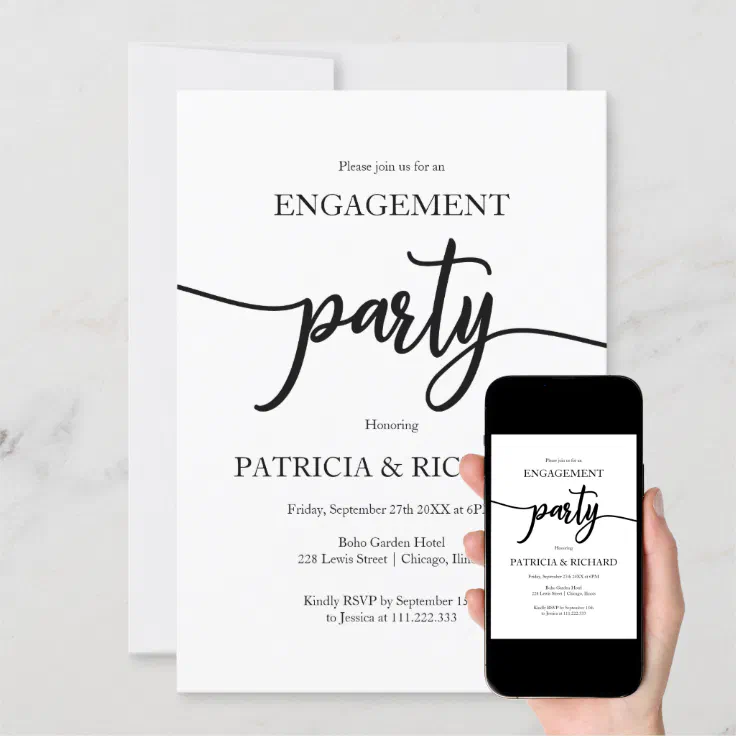 Elegant Black And White Engagement Party Invitation | Zazzle