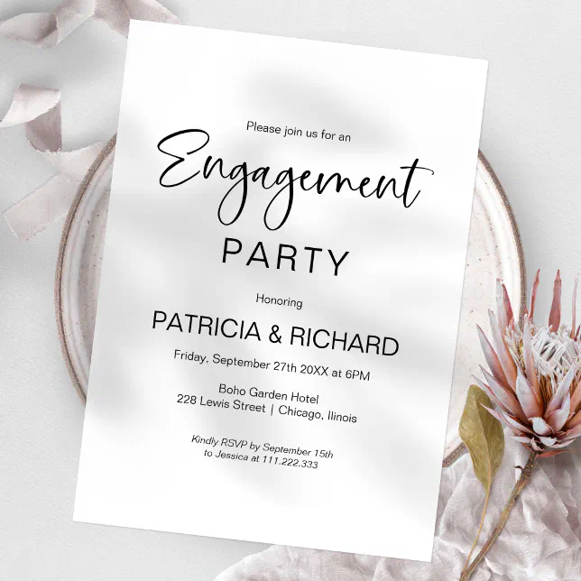 Elegant Black And White Engagement Party Invitation | Zazzle