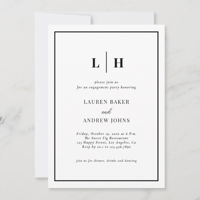 Elegant Black And White Engagement Party Invitation (Front)