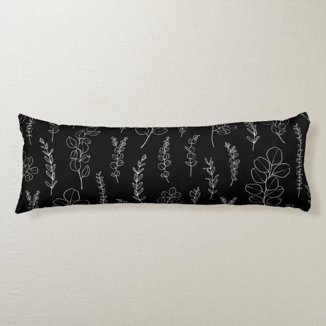 Elegant Black and White Eucalyptus Pattern  Body Pillow (Front)