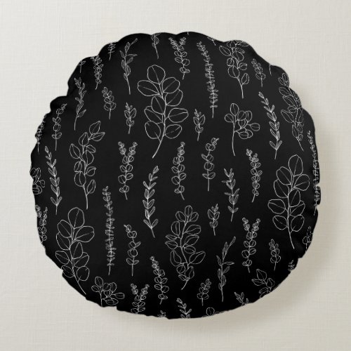 Elegant Black and White Eucalyptus Pattern   Round Pillow