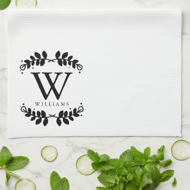 Elegant Black and White Family Monogram Kitchen Towel (Folded)