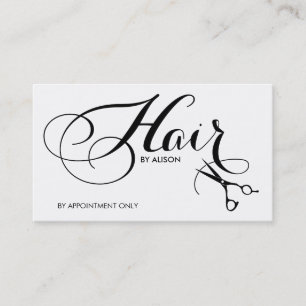 Elegant Black and White Fancy Script Hair Stylist Business Card