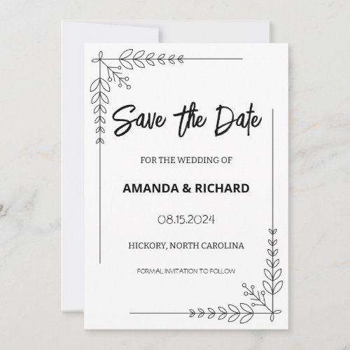 Elegant Black and White Flat Save The Date Card