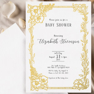 Elegant Black and White Floral Baby Shower Gold Foil Invitation