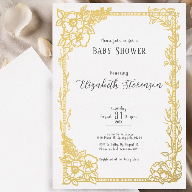 Elegant Black and White Floral Baby Shower Gold Foil Invitation (Creator Uploaded)