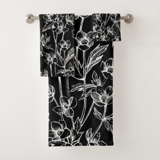 Elegant Black and White Floral  Bath Towel Set (Insitu)