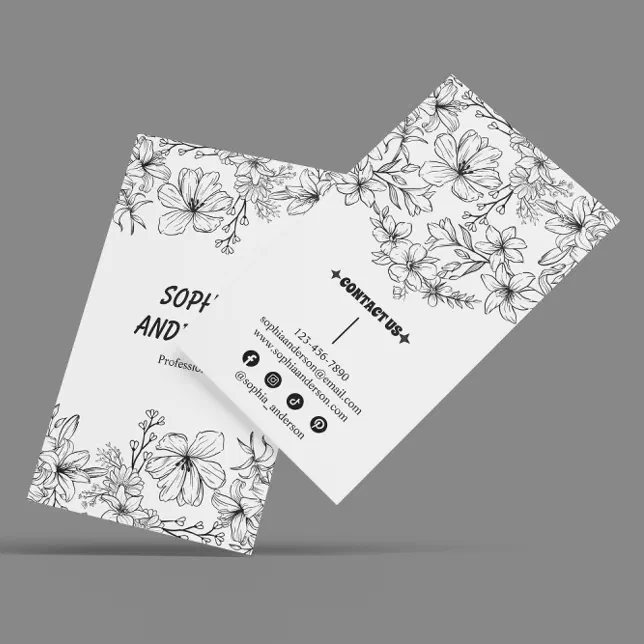 Elegant Black and White Floral Business Card | Zazzle
