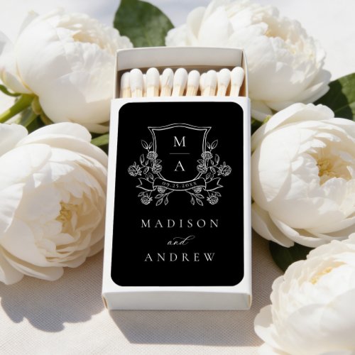 Elegant Black and White Floral Crest Wedding Matchboxes