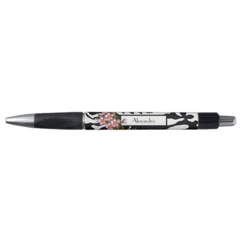 Elegant Black and White Floral Custom Name Pen