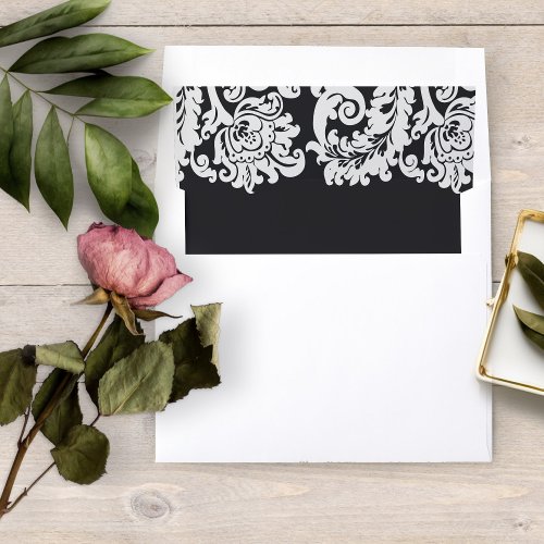 Elegant Black And White Floral Damask Wedding Envelope Liner