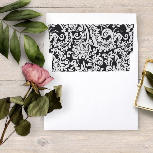 Elegant Black And White Floral Damask Wedding Envelope Liner