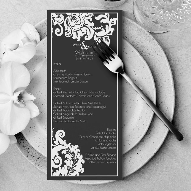 Elegant Black And White Floral Damask Wedding Menu (Elegant black and white floral damask wedding menu)