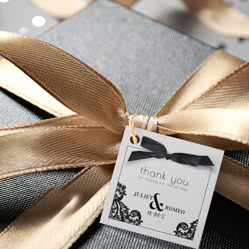Elegant Black And White Floral Damask With Bow Favor Tags