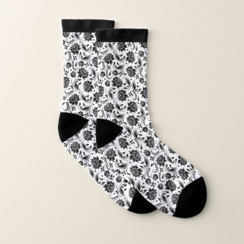 Elegant black and white floral damasks pattern socks