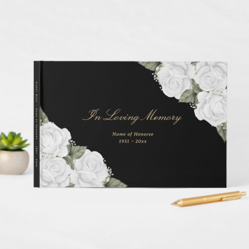 Elegant Black and White Floral Funeral Guest Book