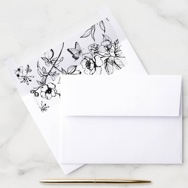 Elegant Black and White Floral Garden Wedding Envelope Liner (Desk)