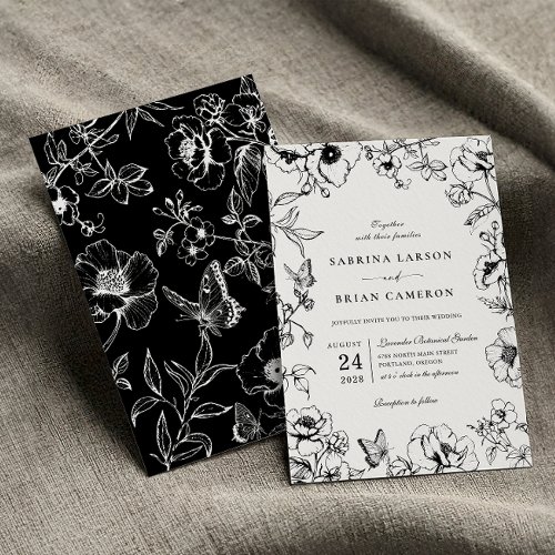 Elegant Black And White Floral Garden Wedding Invitation