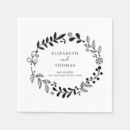 Elegant Black and White Floral Garland Wedding Napkins