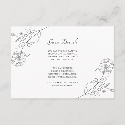 Elegant Black and White Floral Guest Details Enclosure Card