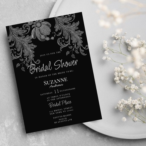  Elegant black and white floral lace Bridal Shower Invitation