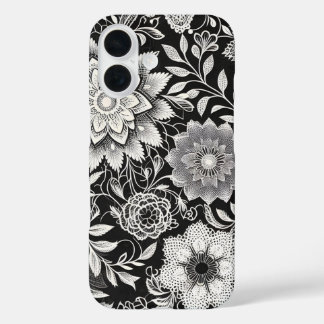 Elegant Black and White Floral Lace Pattern iPhone 16 Case