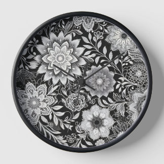Elegant Black and White Floral Lace Pattern Clock