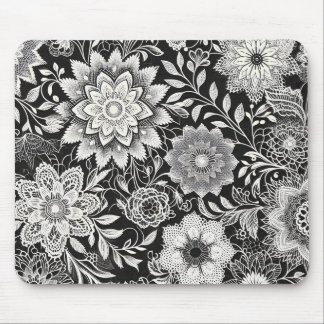 Elegant Black and White Floral Lace Pattern Mouse Pad