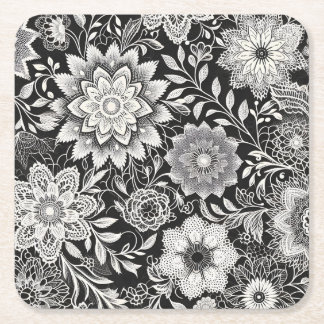 Elegant Black and White Floral Lace Pattern Square Paper Coaster