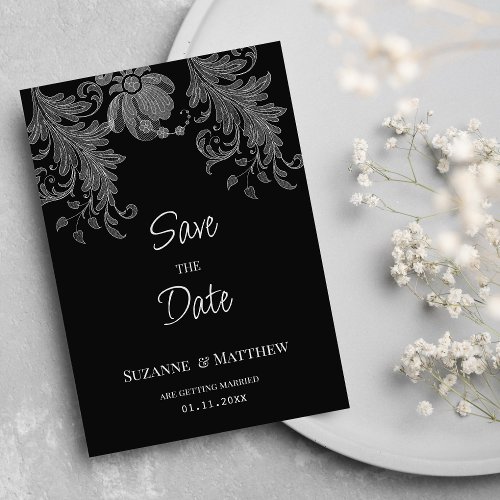  Elegant black and white floral lace Save the Date Invitation