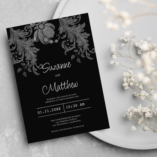  Elegant black and white floral lace wedding  Invitation