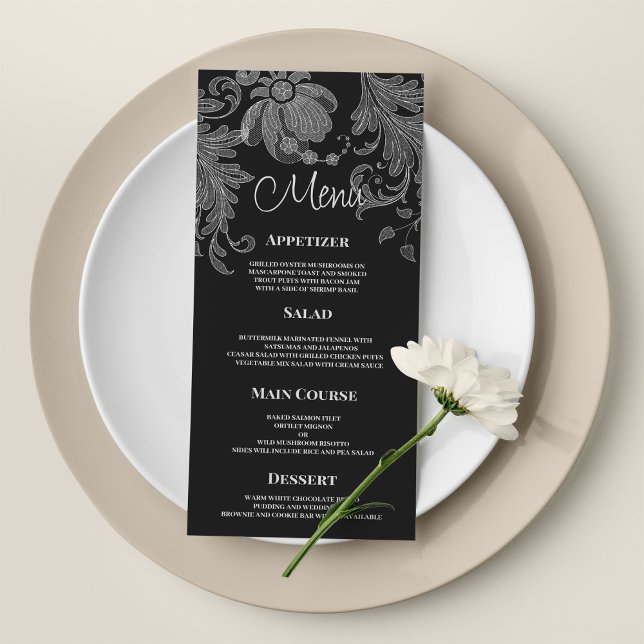  Elegant black and white floral lace Wedding Menu (Elegant black and white floral lace Wedding Menu)