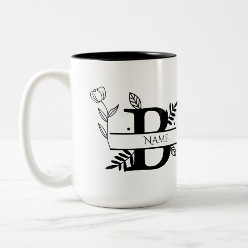 Elegant Black and White Floral Letter B Monogram Two_Tone Coffee Mug