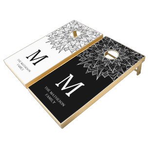 Elegant Black and White Floral Mandala Monogram Cornhole Set