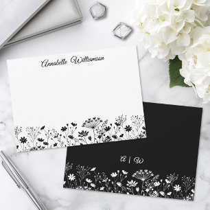 Elegant Black And White Floral Monogram Note Card