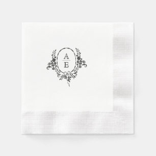 Elegant Black and White Floral Monogram Wedding Napkins