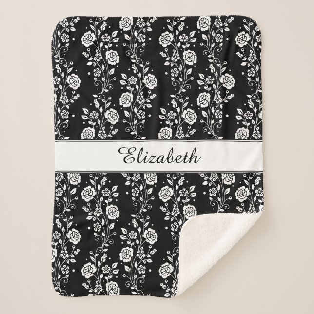 Elegant Black And White Floral Name Sherpa Blanket (Front)