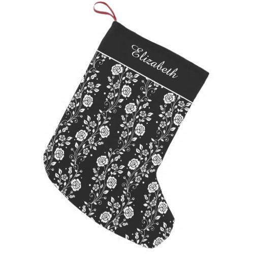 Elegant Black And White Floral Name Small Christmas Stocking