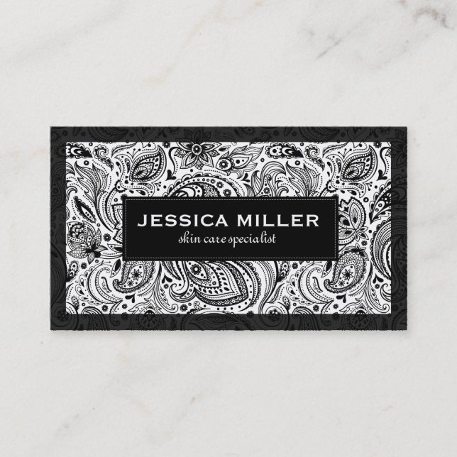 Elegant Black And White Floral Paisley 2 Business Card (Front)