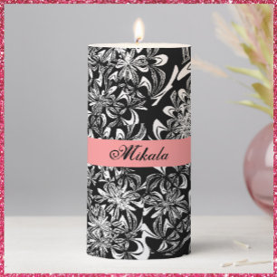 Elegant Black and White Floral Pillar Candle