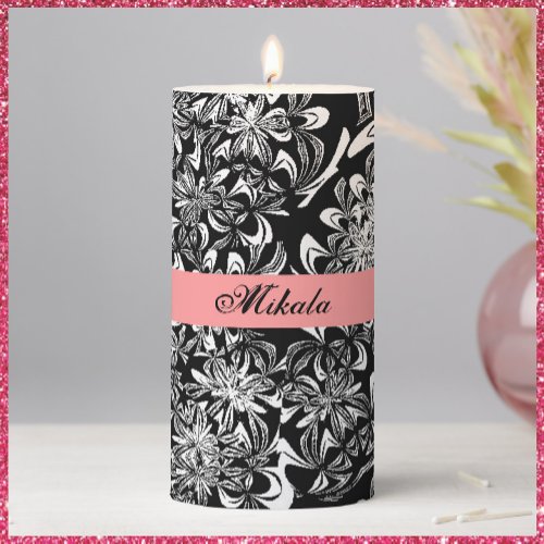Elegant Black and White Floral  Pillar Candle