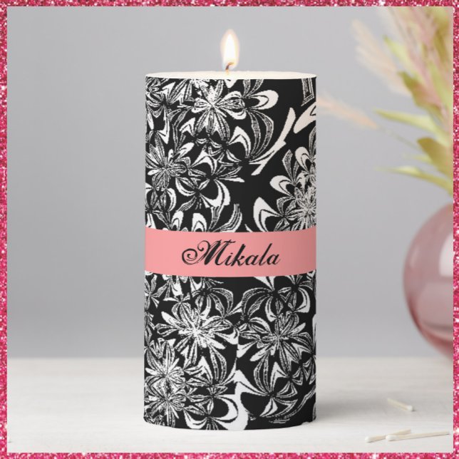 Elegant Black and White Floral  Pillar Candle (Creator Uploaded)